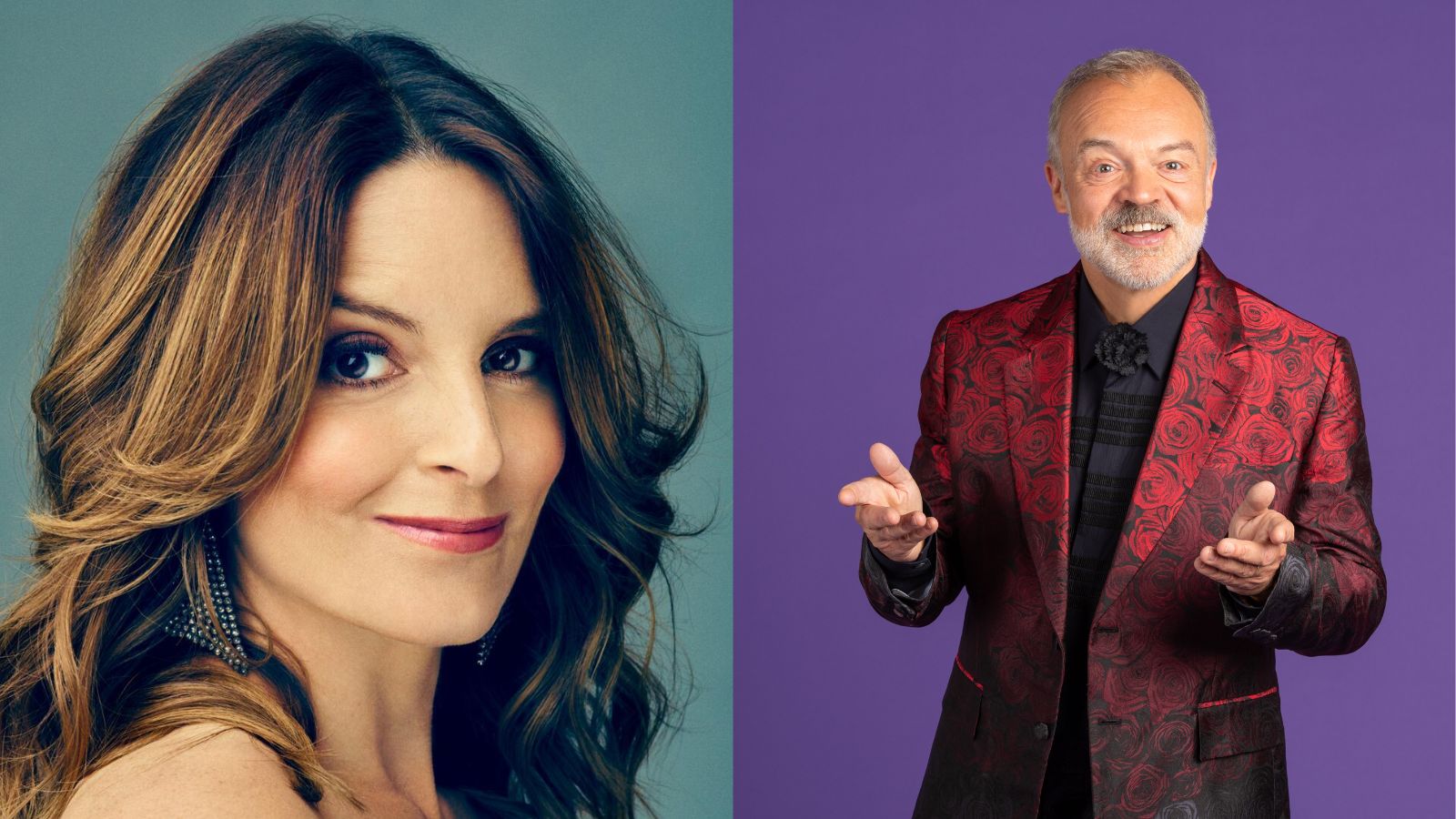 Two panels show a woman with long brown hair and a bright smile, and a man with a beard wearing a red floral-patterned suit against a purple background.