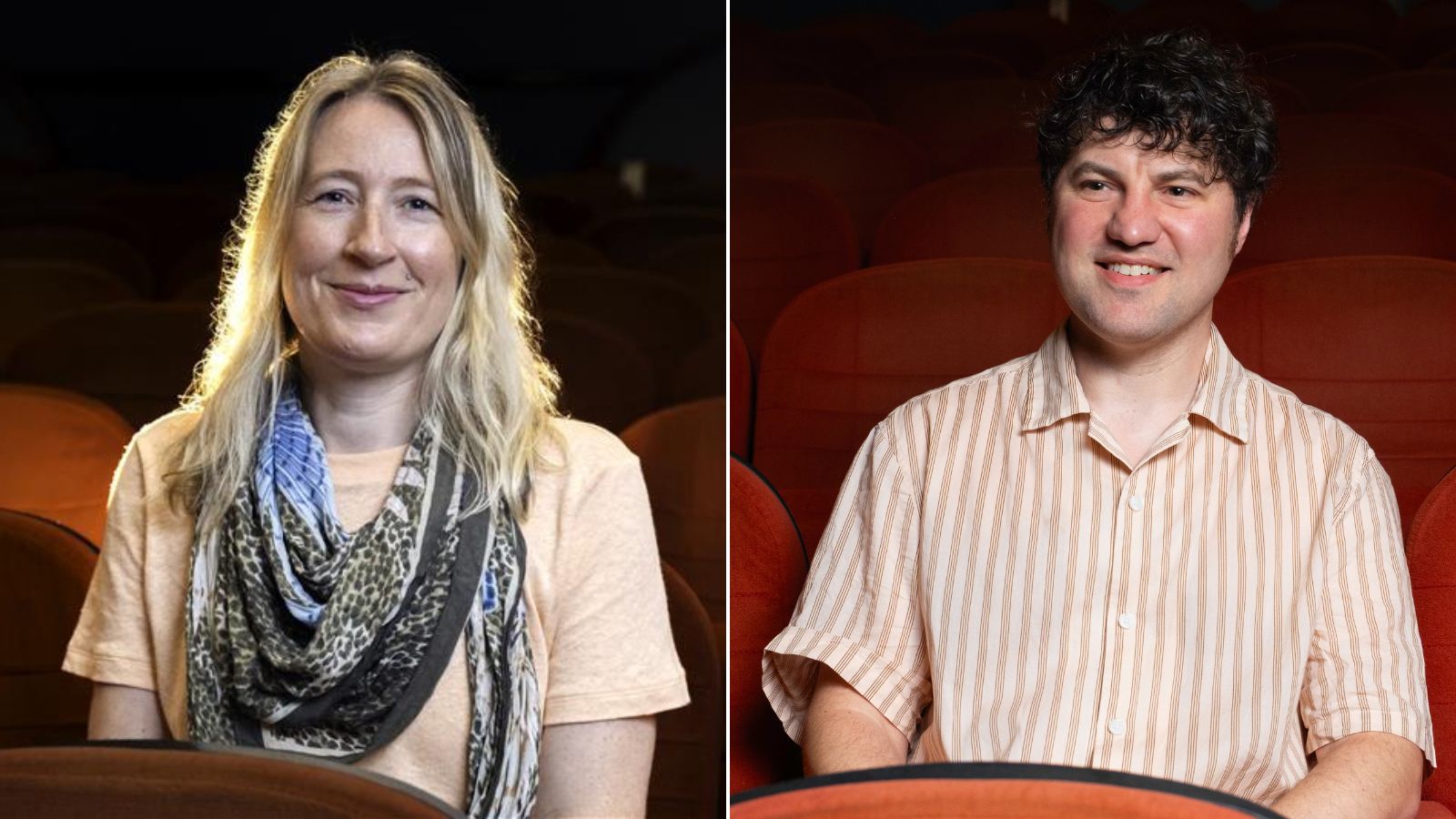 Side-by-side image of a woman and a man sitting in theater seats. The woman on the left has long blonde hair and wears a light-colored shirt with a patterned scarf, smiling slightly. The man on the right has curly dark hair, wearing a striped short-sleeve shirt, and is also smiling. Both are seated against a backdrop of empty red cinema seats.