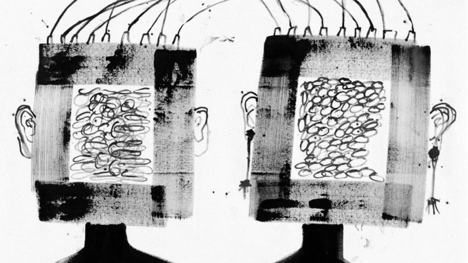 Still from BULK, showing a hand drawn image of two squares with ears and necks. They are connected at the top by wires, and in the middle are overlapping circles.