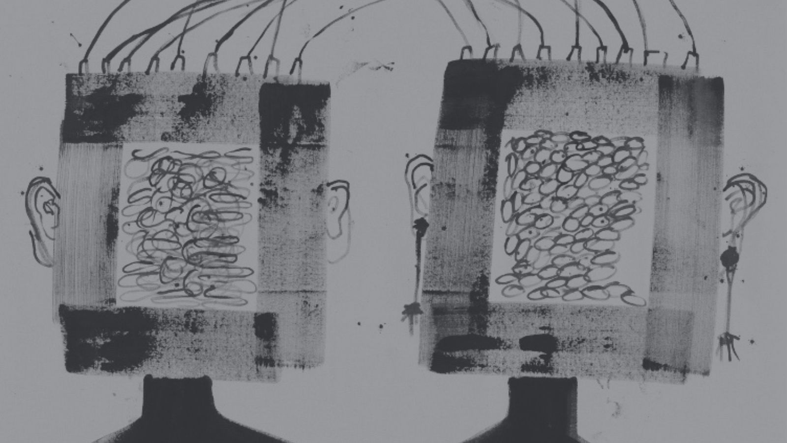 Still from BULK, showing a hand drawn image of two squares with ears and necks. They are connected at the top by wires, and in the middle are overlapping circles.