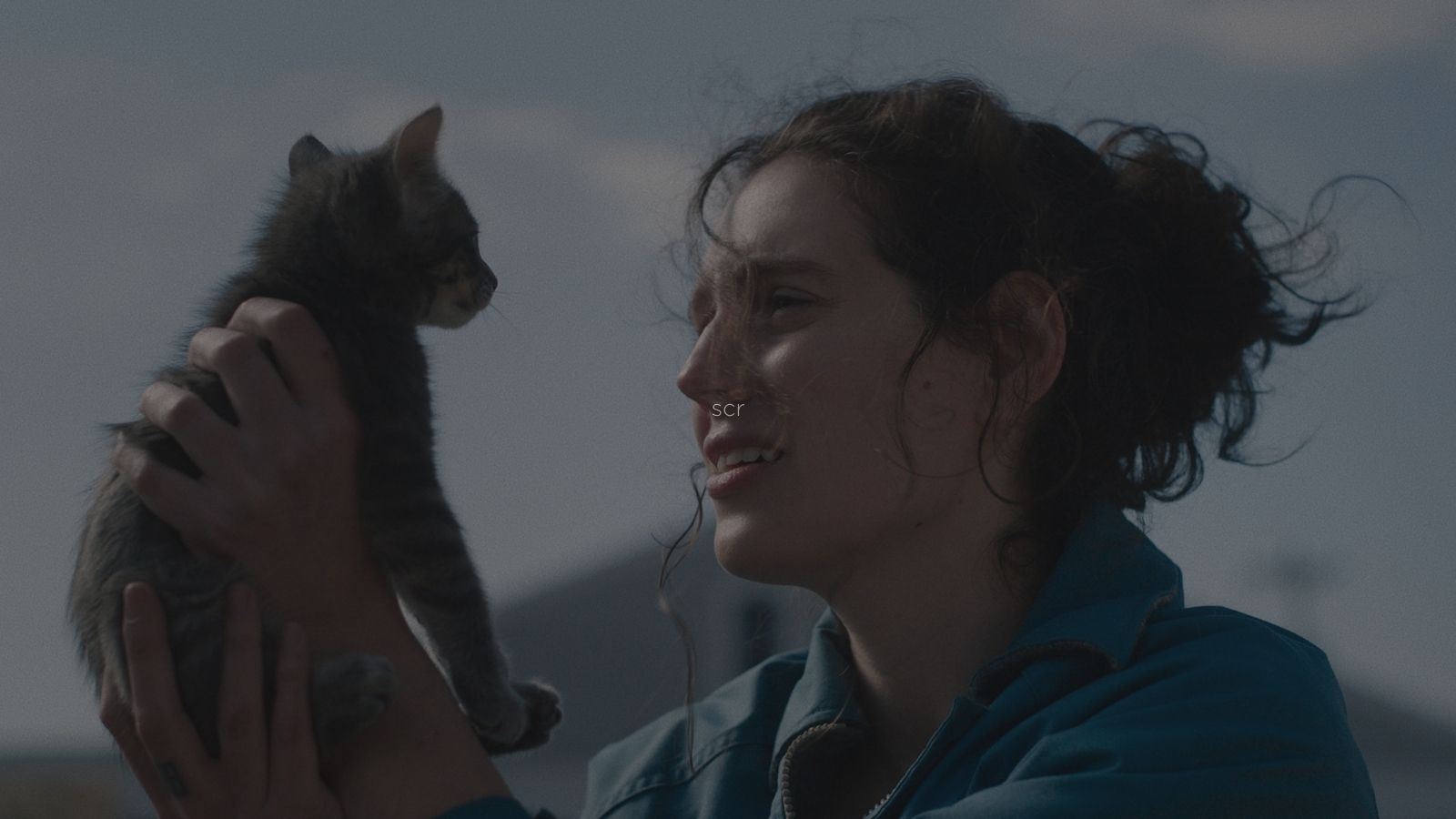 A person holds a small tabby kitten close, both gazing at each other, set against a blurred outdoor background.