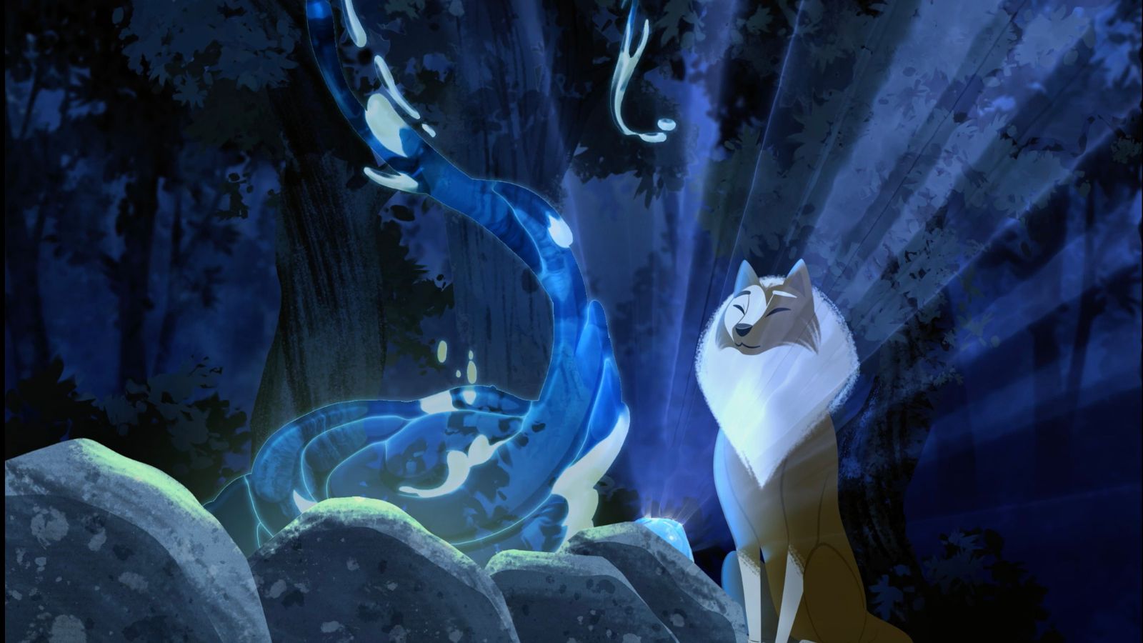 Animated image showing a tan coloured wolf sitting in a forest at night, with a blue swirling entity beside it