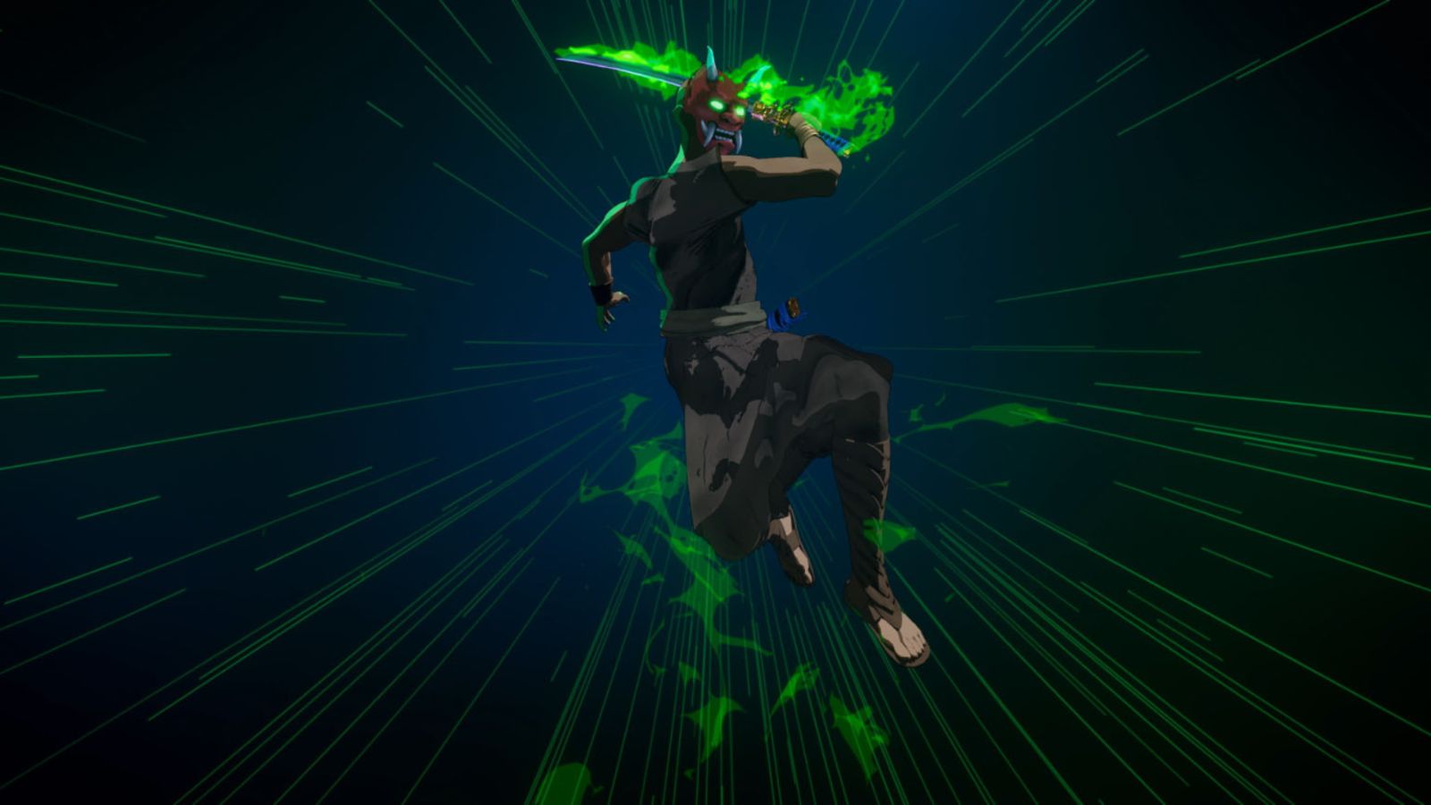 A figure wearing black robes, a red mask and holding a flaming green sword jumps through the air