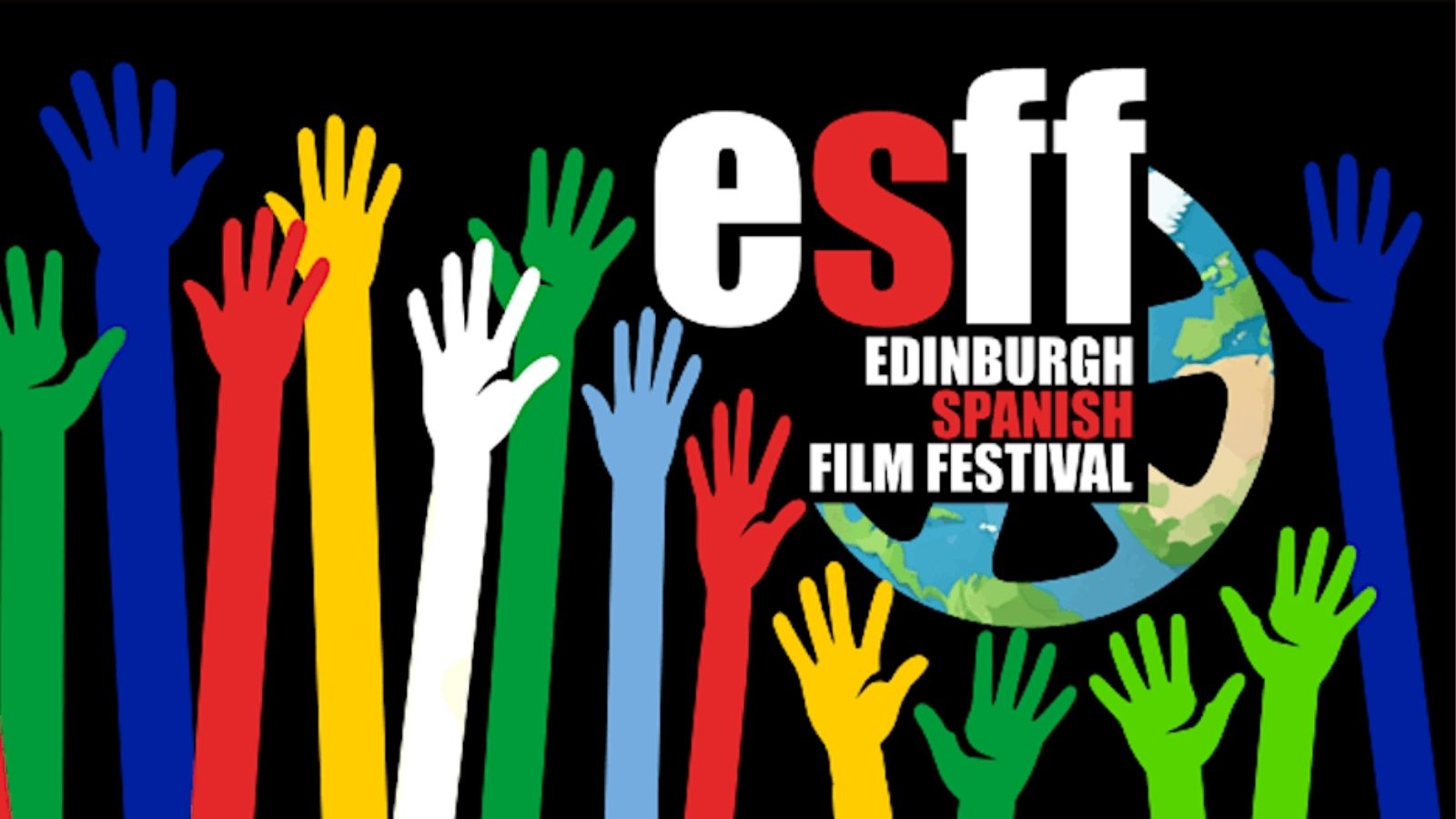 Colourful silhouettes of raised hands in green, blue, yellow, red, and white, set against a black background. Large white and red text reads 