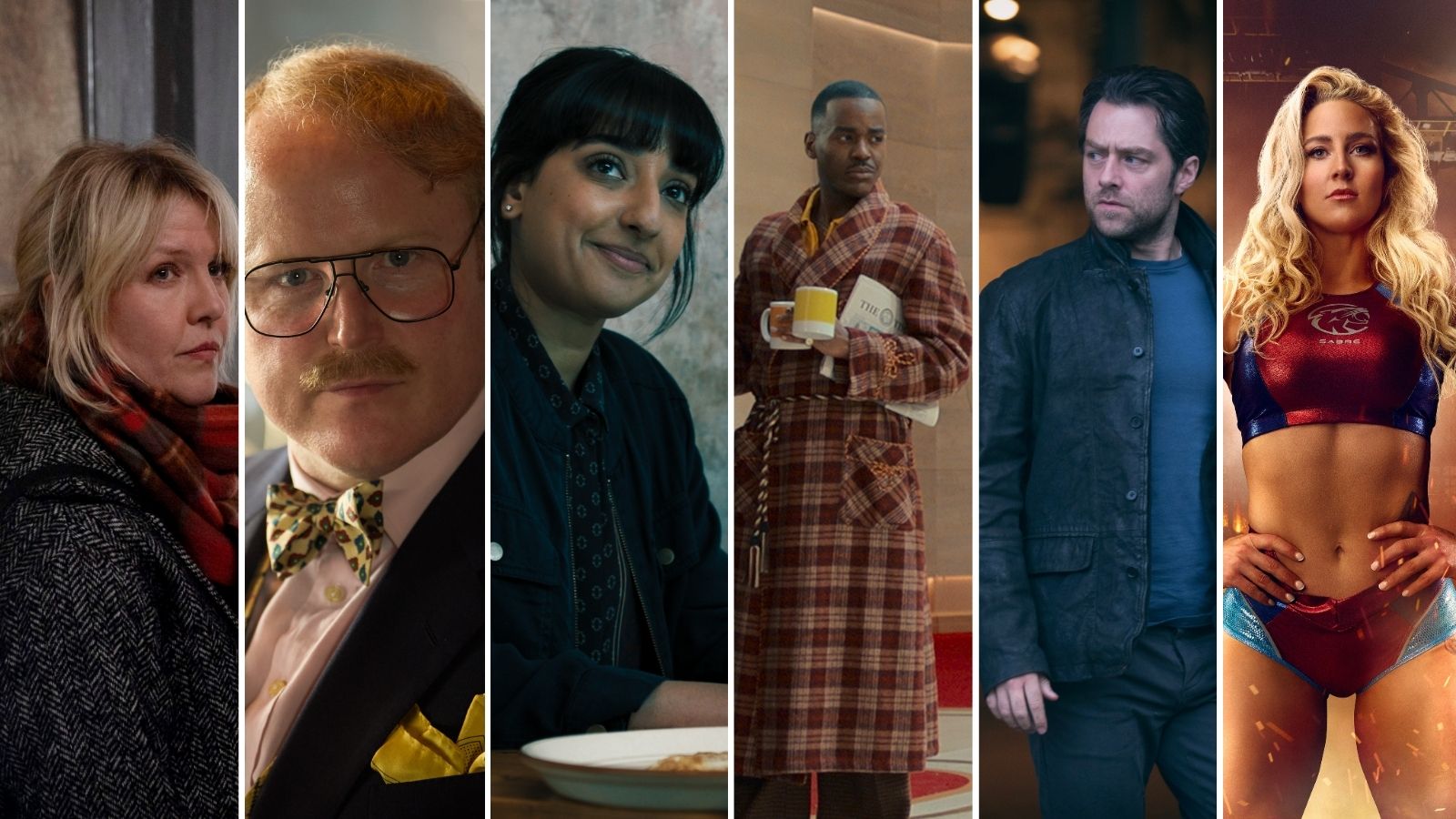 Six split images of different individuals in various settings: a woman with blonde hair wearing a scarf, a man with glasses in a suit, a woman with dark hair smiling, a man in a plaid robe holding newspapers and a mug, a man in a dark jacket, and a woman with blonde hair standing confidently.