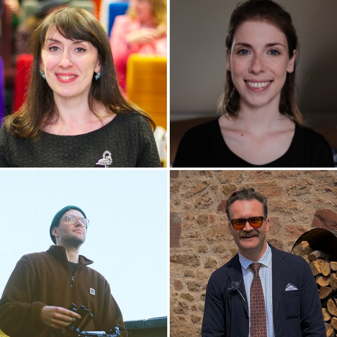 Four headshots in a grid format.  Top-left: A smiling woman with dark brown hair, bangs, and a black textured top. She wears blue earrings and a silver bird brooch.  Top-right: A smiling woman with fair skin, brown hair pinned back, and a black scoop-neck top.  Bottom-left: A man looking upward to the right, wearing a green beanie, round-frame glasses, and a brown fleece pullover. He is holding black equipment, possibly a camera.  Bottom-right: A smiling man with a mustache, sunglasses, a dark blazer, white collared shirt, and a brown patterned tie. He stands outdoors in front of a stone wall and a woodpile.