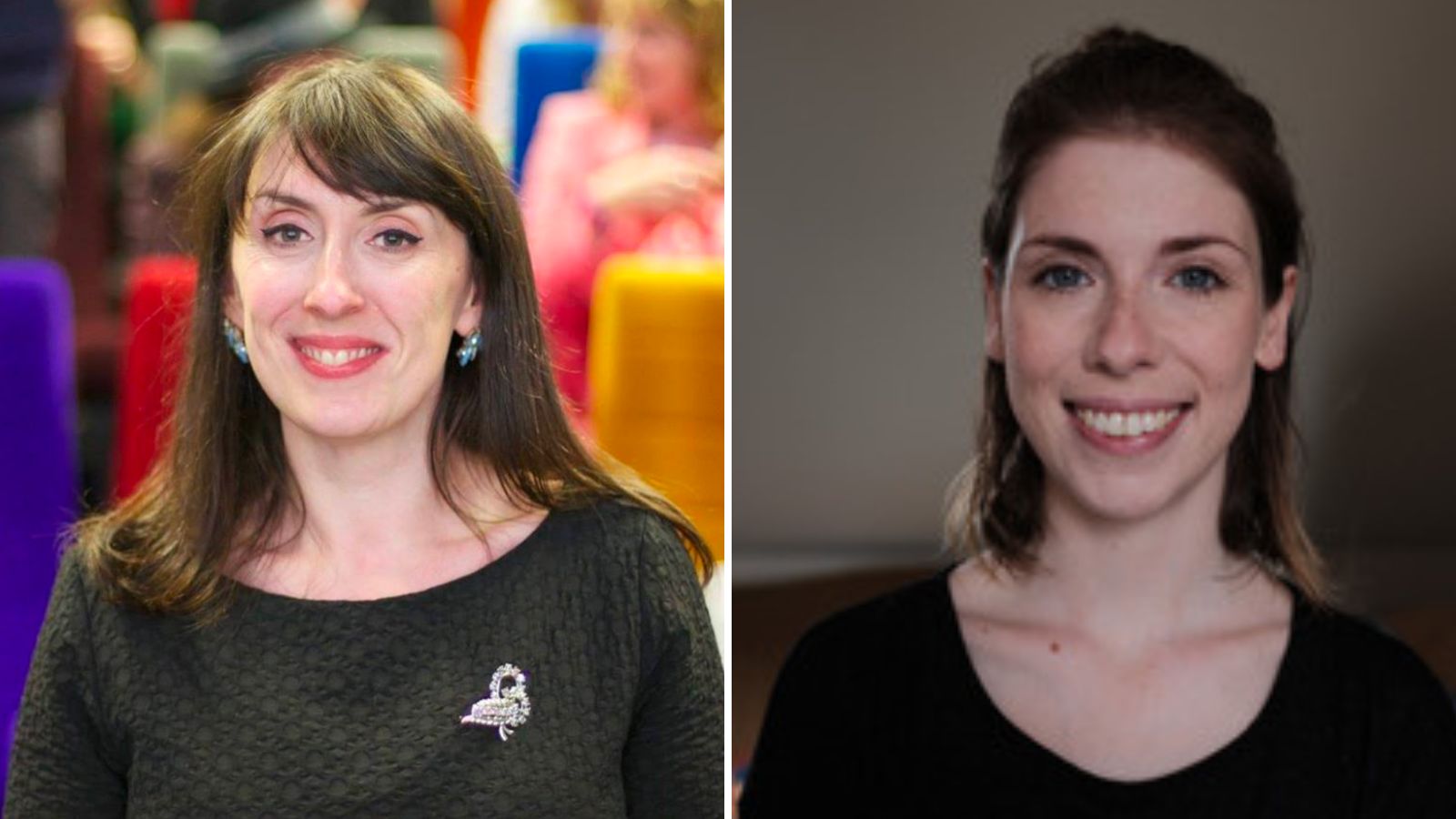 Two side-by-side headshots of women smiling. On the left, a woman with long dark hair, bangs, and light skin smiles towards the camera, wearing a black scoop-neck top adorned with a silver swan brooch. She wears small blue earrings, and the background shows colourful, blurred chairs. On the right, a woman with shoulder-length brown hair pinned back and light skin smiles towards the camera, wearing a black scoop-neck top. The background is a soft, out-of-focus grey.