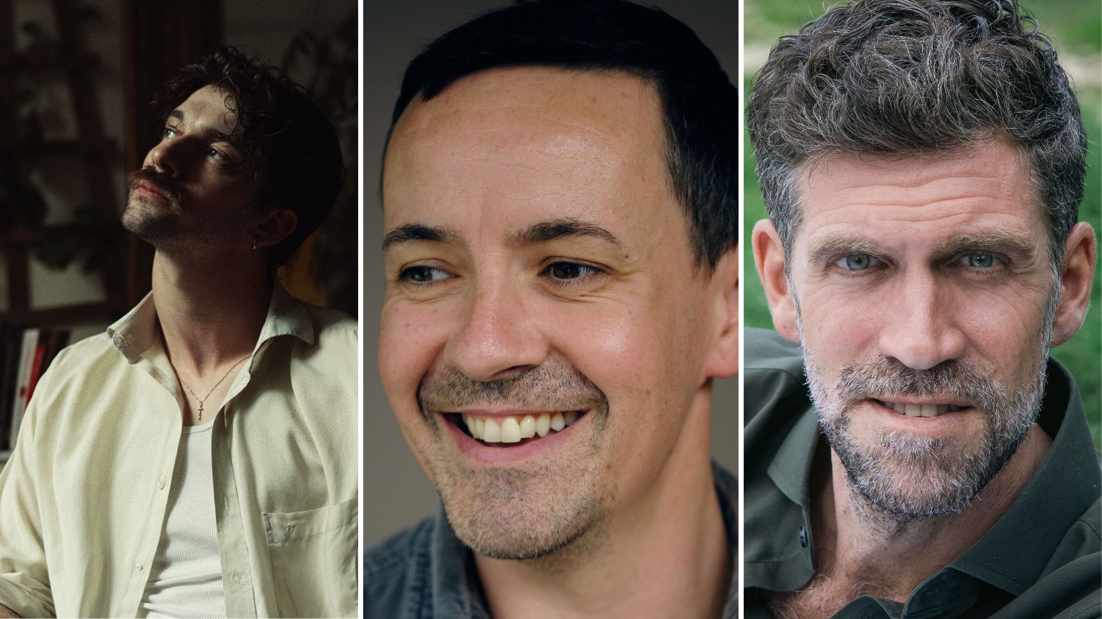 A triptych of three close-up portraits of men. On the left, a young man with dark, wavy hair and a moustache tilts his head upward in a pensive gaze. He wears a light-coloured, unbuttoned shirt over a white tank top and a thin gold necklace. In the centre, a man with short, dark hair and light stubble smiles warmly, looking slightly off-camera to the left. On the right, a middle-aged man with salt-and-pepper hair, blue eyes, and a neat beard looks directly into the camera with a subtle expression. He wears an olive green shirt.