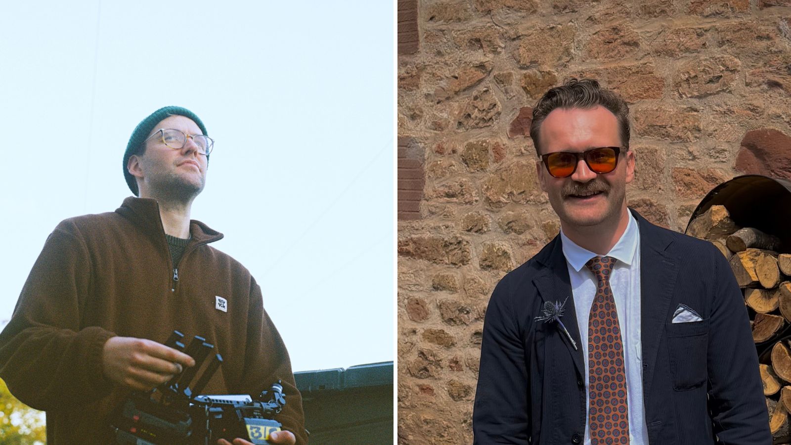 Two side-by-side portraits. Left: A man with glasses and a green beanie looks upwards while holding a video camera, wearing a brown fleece pullover. Right: A man smiles outdoors in front of a stone wall, wearing tinted sunglasses, a dark blazer with a thistle boutonniere, a white shirt, and a patterned tie.