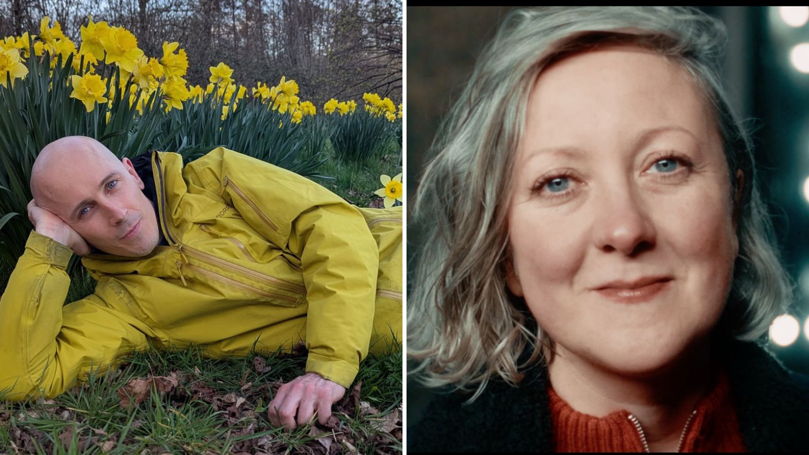 Two side-by-side portraits. Left: A bald man in a yellow winter jacket smiles, propped on his elbow on a grassy bank in front of blooming yellow daffodils. Right: A close-up headshot of a smiling woman with wavy, light-coloured hair and blue eyes, wearing a dark jacket over an orange sweater.