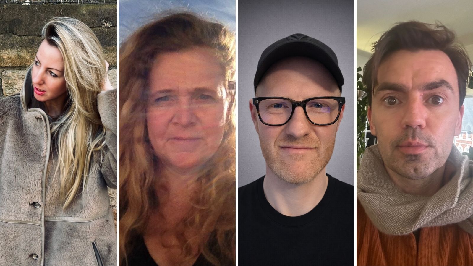 Four portrait images are shown side by side:   1. A woman with long blonde hair, wearing a fur-like coat, touches her hair in front of a stone wall. 2. A woman with wavy reddish-brown hair, outdoors, lit by sunlight. 3. A man wearing glasses and a black cap with a faint smile, against a plain background. 4. A man with tousled brown hair and a scarf, indoors.