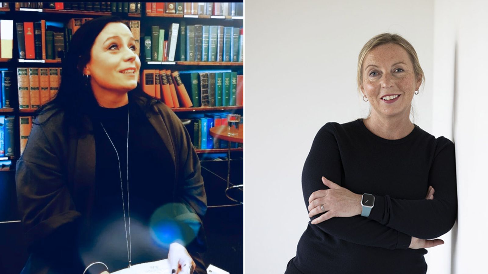 Two women in separate images. Left: Woman with dark hair looks upwards, seated in front of colourful bookshelves, wearing a dark outfit. Right: Woman with light hair smiles with arms crossed, wearing a black top, standing against a white wall.