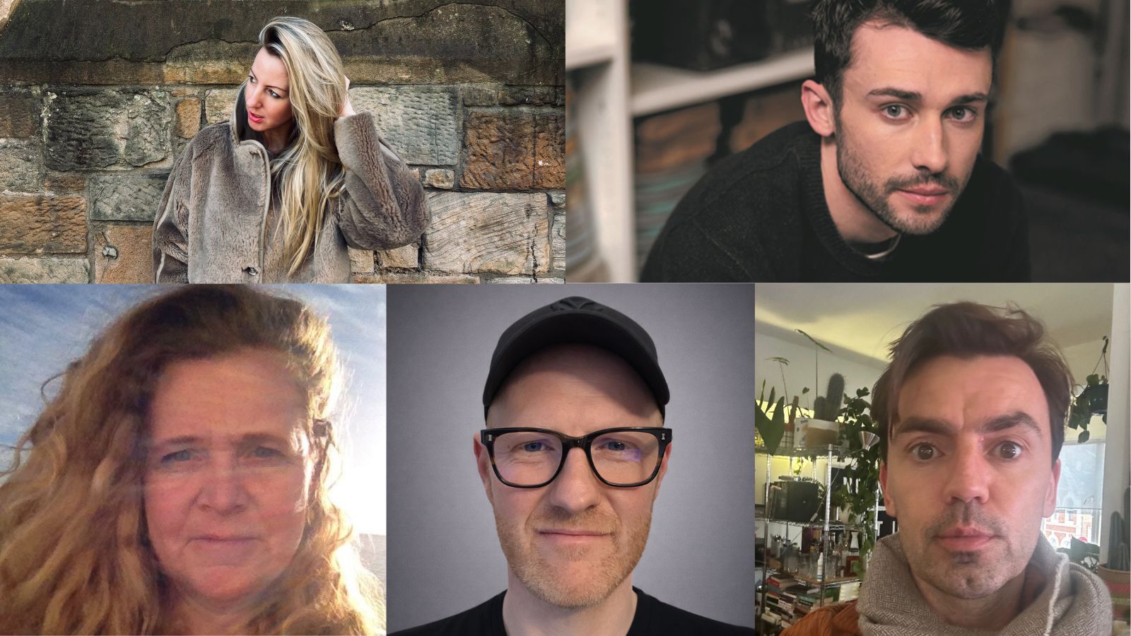 A collage of five people: top left, a woman with long blonde hair in a fur coat against a stone wall; top right, a man with short dark hair and a trimmed beard in a dark sweater; bottom left, a woman with wavy blonde hair in bright sunlight; bottom centre, a man wearing a black cap and glasses on a grey background; bottom right, a man with short brown hair in a tan scarf, surrounded by indoor plants.