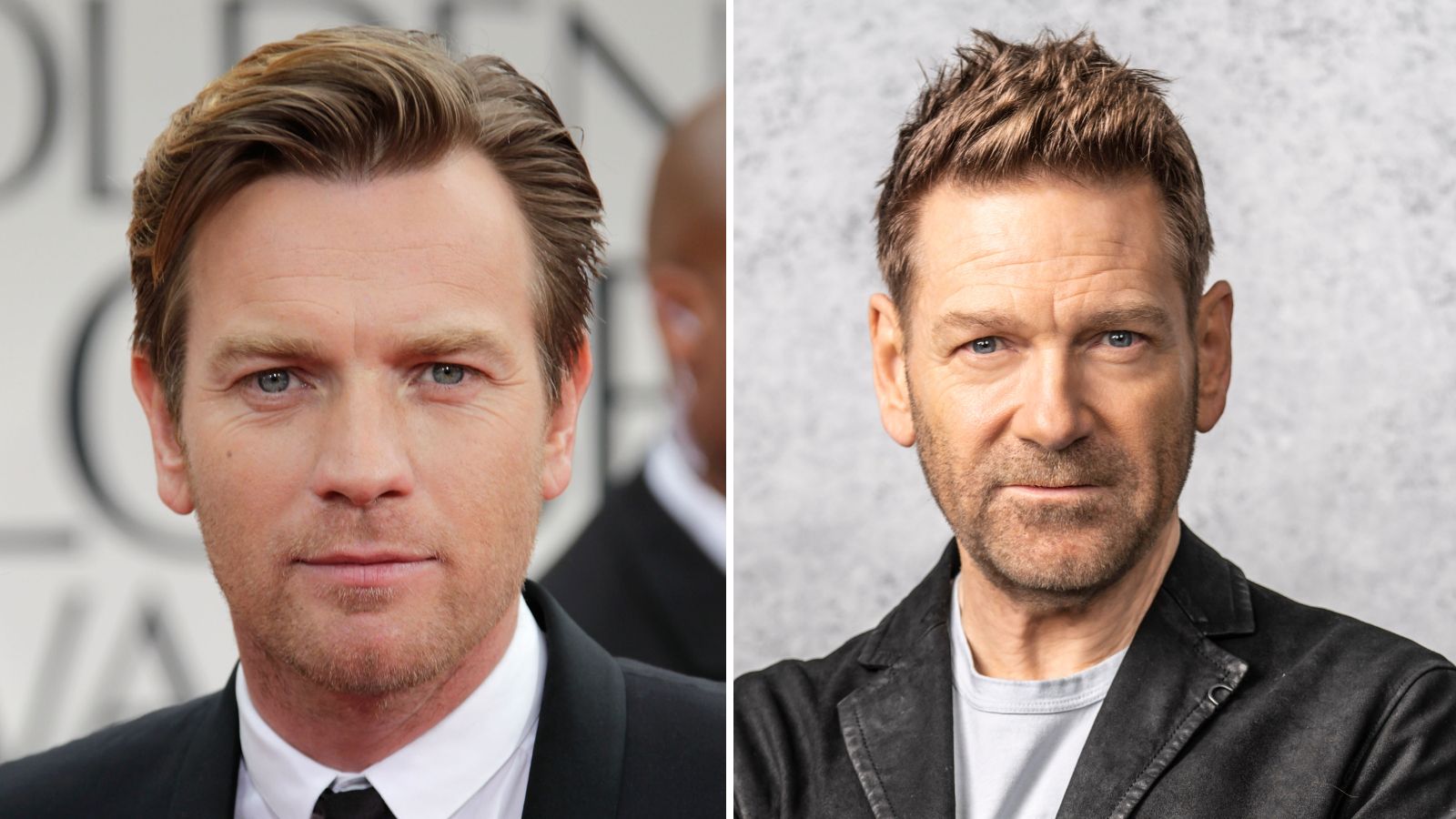 A split image showing two men. The man on the left has short brown hair, a slight stubble, and is wearing a black suit with a white shirt and black tie. The background is a blurred logo of an event. The man on the right has shorter, spiked brown hair, a beard, and is wearing a black jacket over a grey shirt with a textured light grey background.