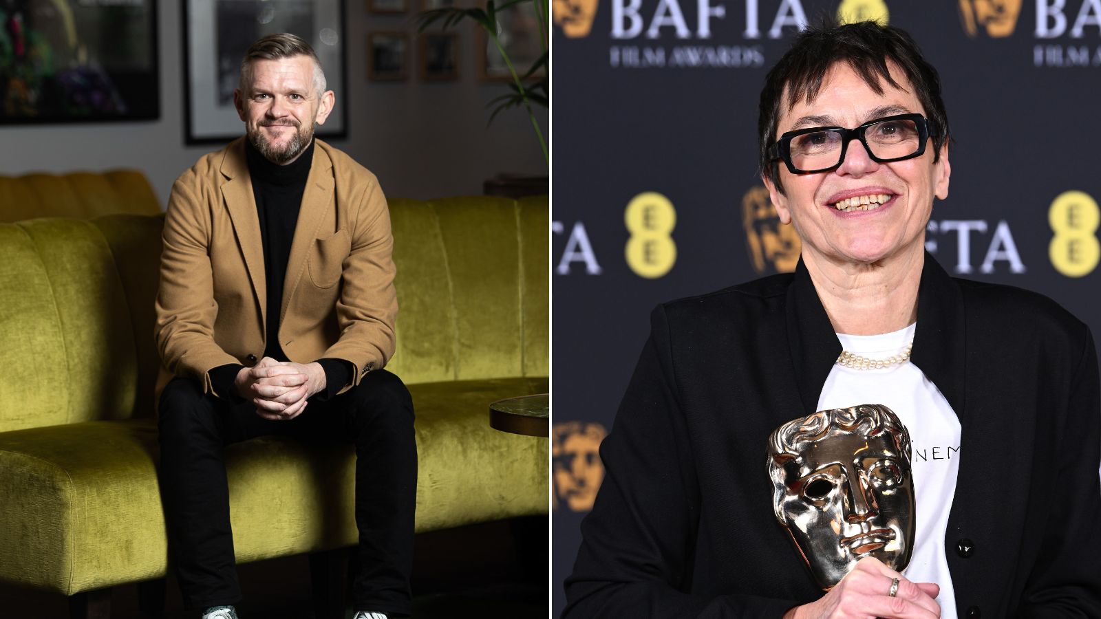 A split image shows two individuals. On the left, a person sits on a green couch, wearing a tan jacket and dark pants, with a relaxed posture and hands clasped. On the right, another individual stands holding a BAFTA award, smiling broadly, wearing glasses and a dark jacket, with a backdrop featuring BAFTA logos.
