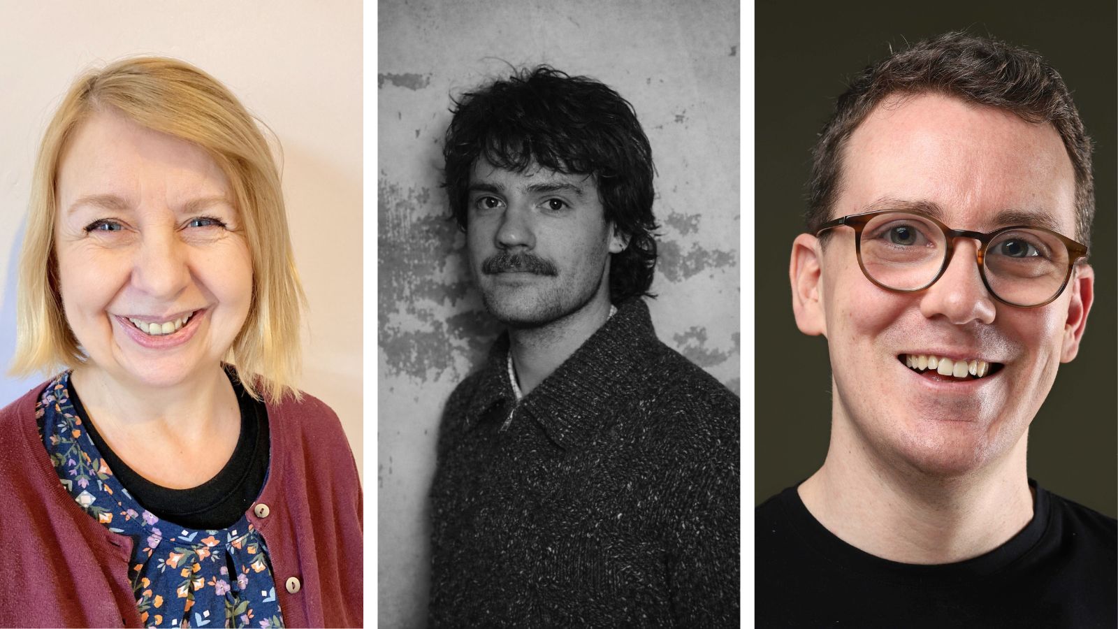 Three portrait images side by side: On the left, a woman with shoulder-length blonde hair and a friendly smile, wearing a floral patterned top and maroon cardigan. In the centre, a black-and-white photo of a man with curly hair, moustache, and a textured sweater. On the right, a man with short hair, wearing glasses and a black shirt, smiling broadly.