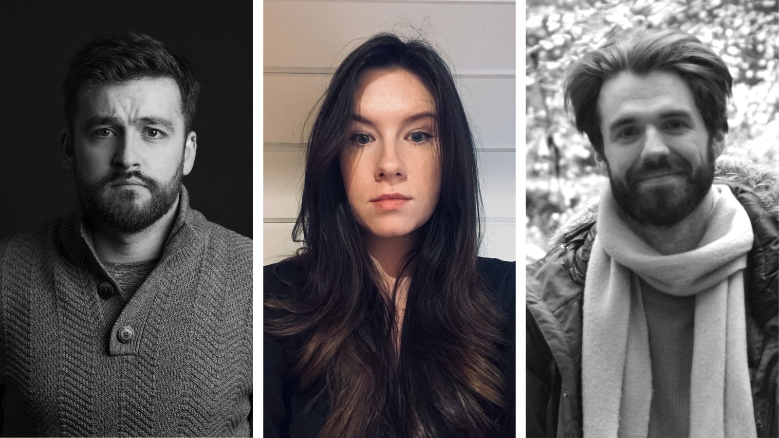 Three-panel image showing portraits: Left, a black-and-white photo of a man with a beard wearing a knit sweater; Center, a colour photo of a woman with long dark hair against a light background; Right, a black-and-white photo of a man with a beard, wearing a scarf and coat, set outdoors.