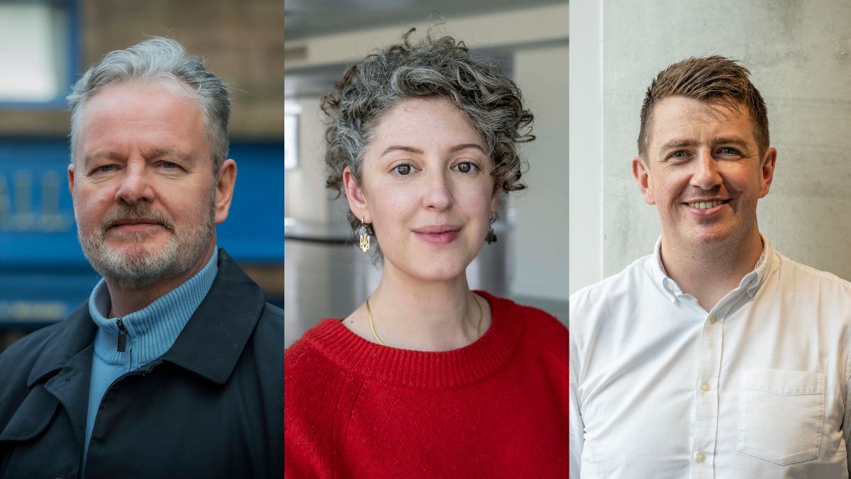 Three portraits side by side: a man with short grey hair and a beard in a blue jacket, a woman with short curly hair wearing a red sweater and earrings, and a man with short hair in a white shirt smiling.