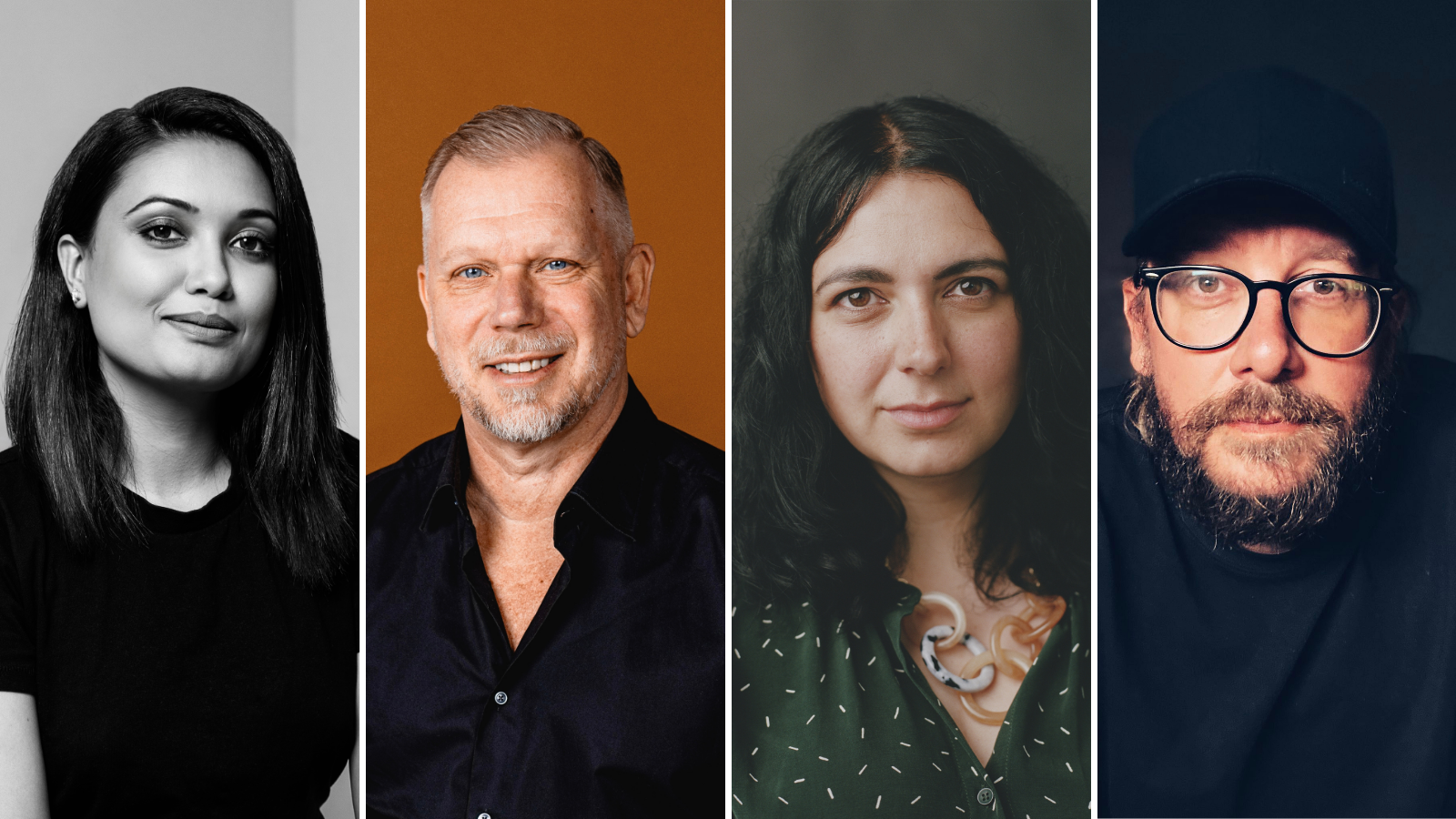 Four portraits in a collage. From left to right: A woman with long dark hair in black and white; a man with short hair and a beard against a brown background; a woman with wavy dark hair wearing a patterned shirt; a man with glasses, a beard, and a cap in a dimly lit setting.