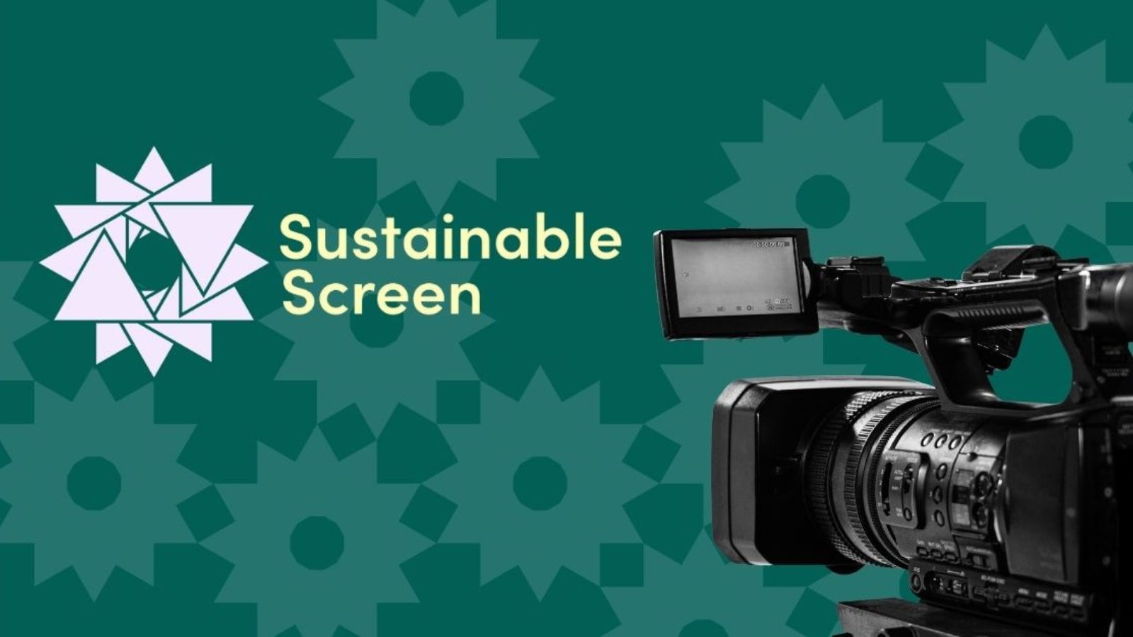 A professional video camera with a side screen is positioned on the right against a teal background featuring abstract gear-like shapes. On the left, a geometric design made of interlocking triangular shapes accompanies the text 