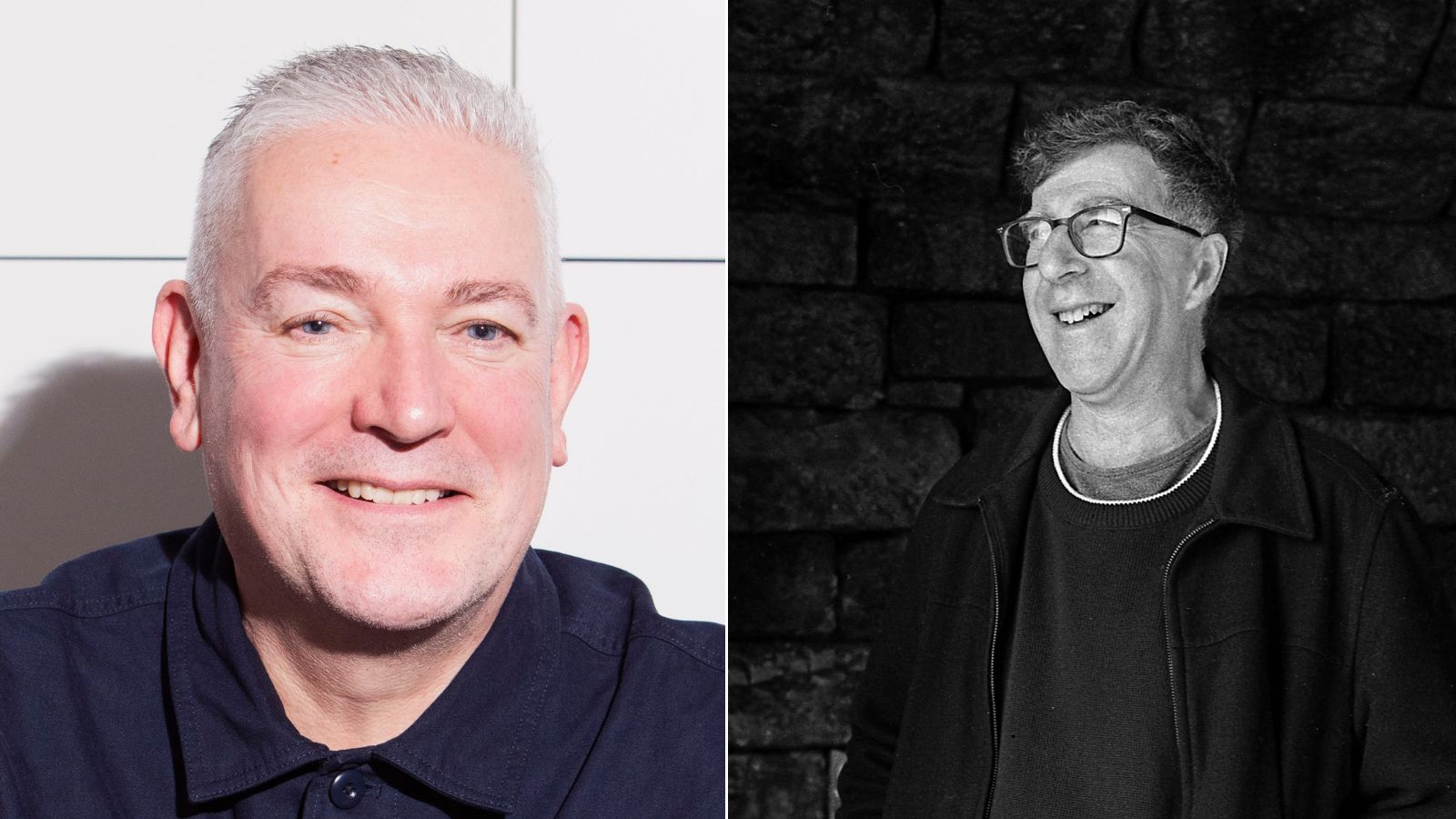 A side-by-side portrait of two men. On the left, a close-up, colour headshot of a smiling middle-aged man with short, cropped grey hair and blue eyes. On the right, a black-and-white, waist-up portrait of a middle-aged man wearing glasses.