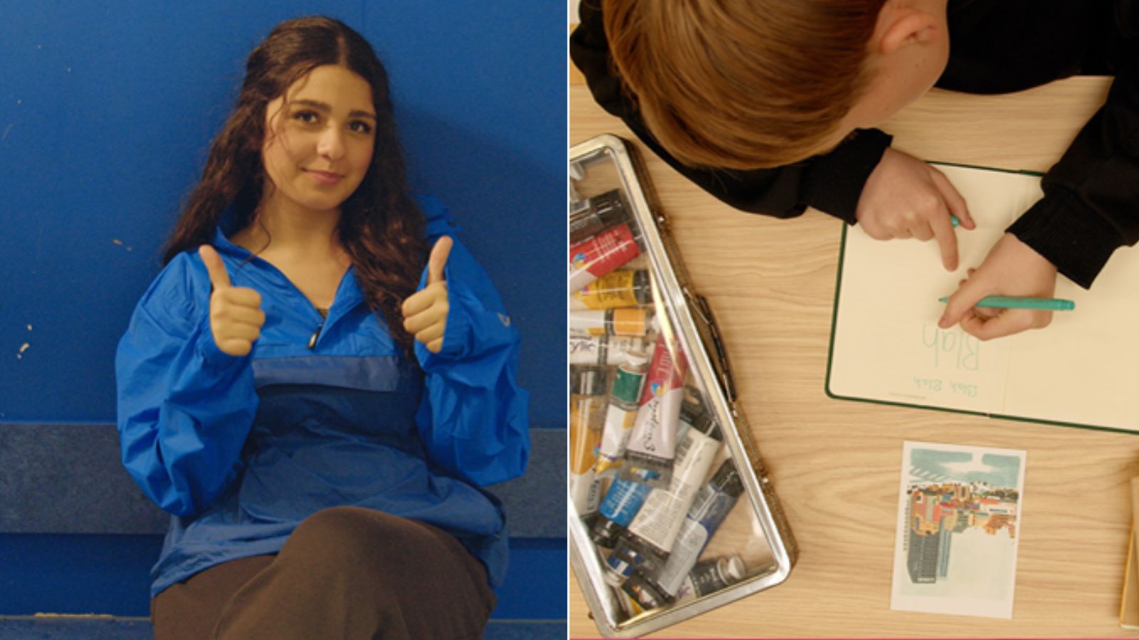 A two-panel image showing creative activities.   On the left, a smiling young woman with long dark wavy hair stands against a solid blue wall. She wears a bright blue and navy windbreaker jacket and dark pants, giving a double thumbs-up to the camera.  On the right, an overhead view shows a person with short brown hair leaning over a wooden desk. They hold a teal marker, writing the word 