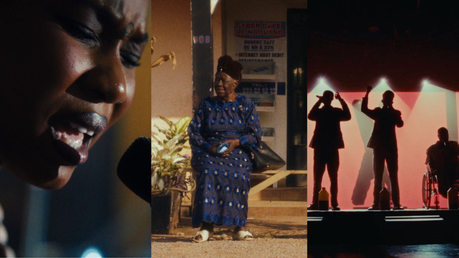 A triptych of three vertical filmic scenes.