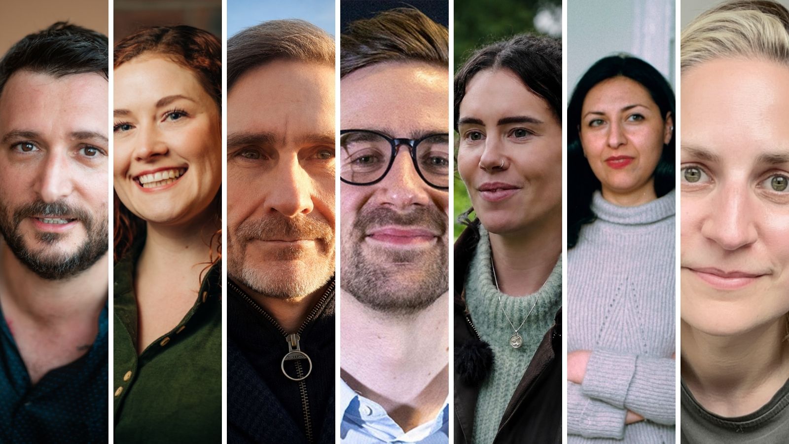 Headshots of a mix of seven different people are shown