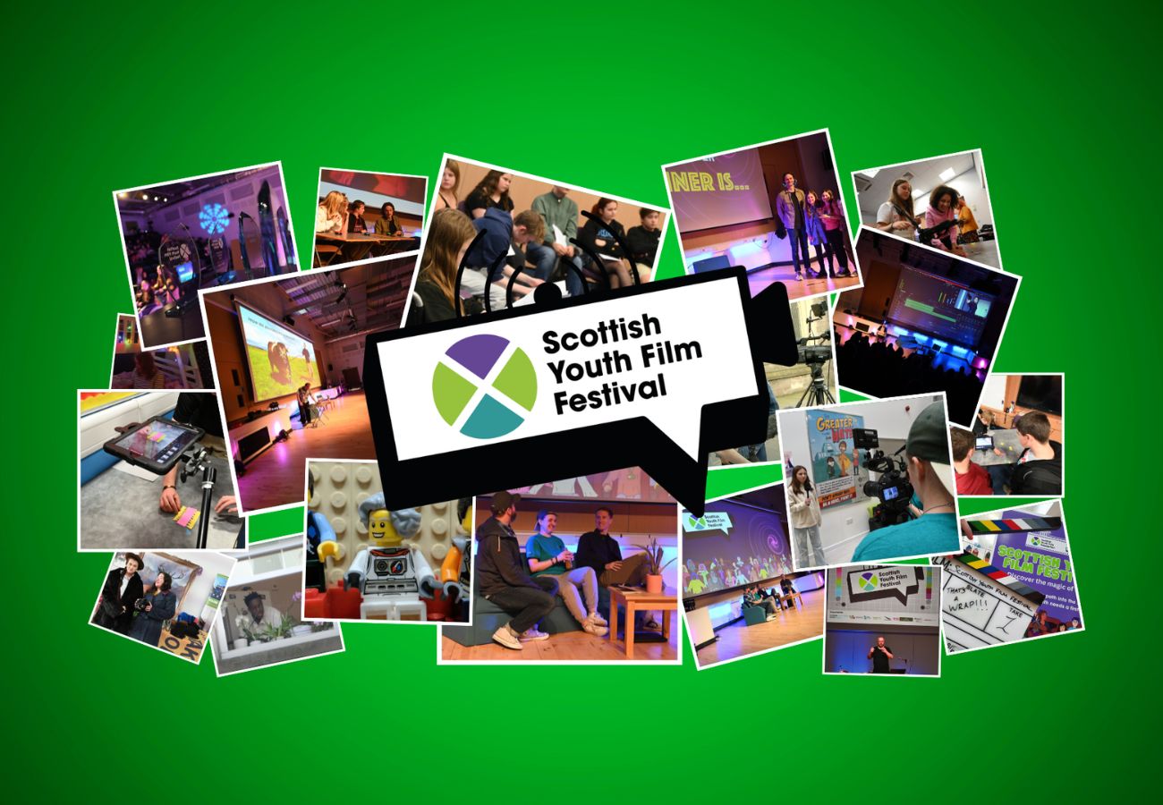 An eye-catching collage of photos from the Scottish Youth Film Festival on a vibrant green background. In the centre, a large speech bubble shaped like a video camera features the festival's logo: a circle split into four segments of purple, green, and blue with a white "X" in the centre, next to the text "Scottish Youth Film Festival." Surrounding the central logo are numerous small photos showing young people and adults engaging in film-related activities.