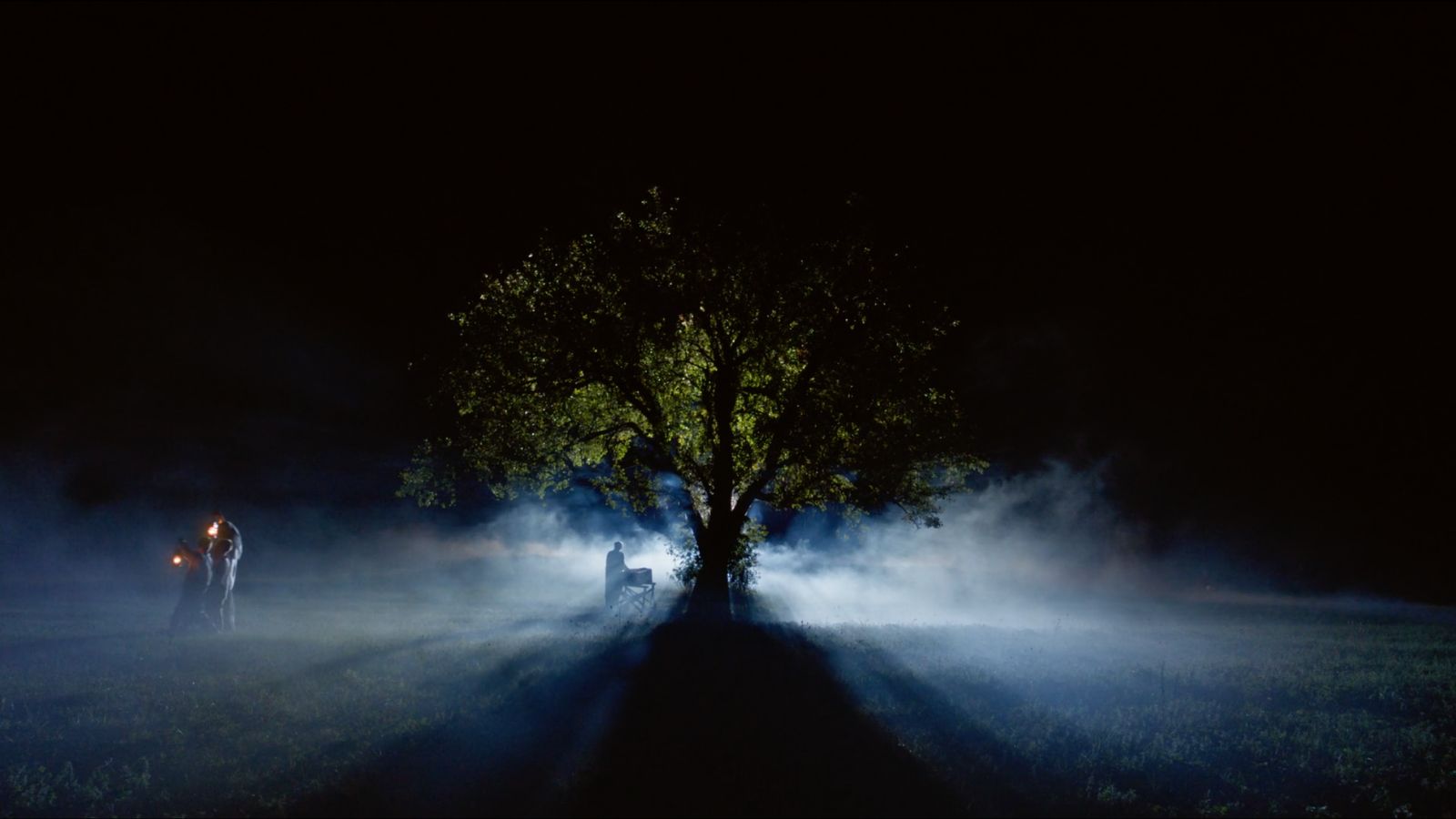 An atmospheric night scene depicting a single green tree illuminated from behind by a bright white light source, casting its silhouette and long shadows forward onto a grassy field. Swirling fog or mist clings to the ground around the tree, catching the backlight. To the left of the tree, the silhouette of a person stands beside what appears to be a projector or instrument on a stand. Farther to the left, two figures are silhouetted, one holding a small, warm orange torch or lantern. The sky above is pitch black.
