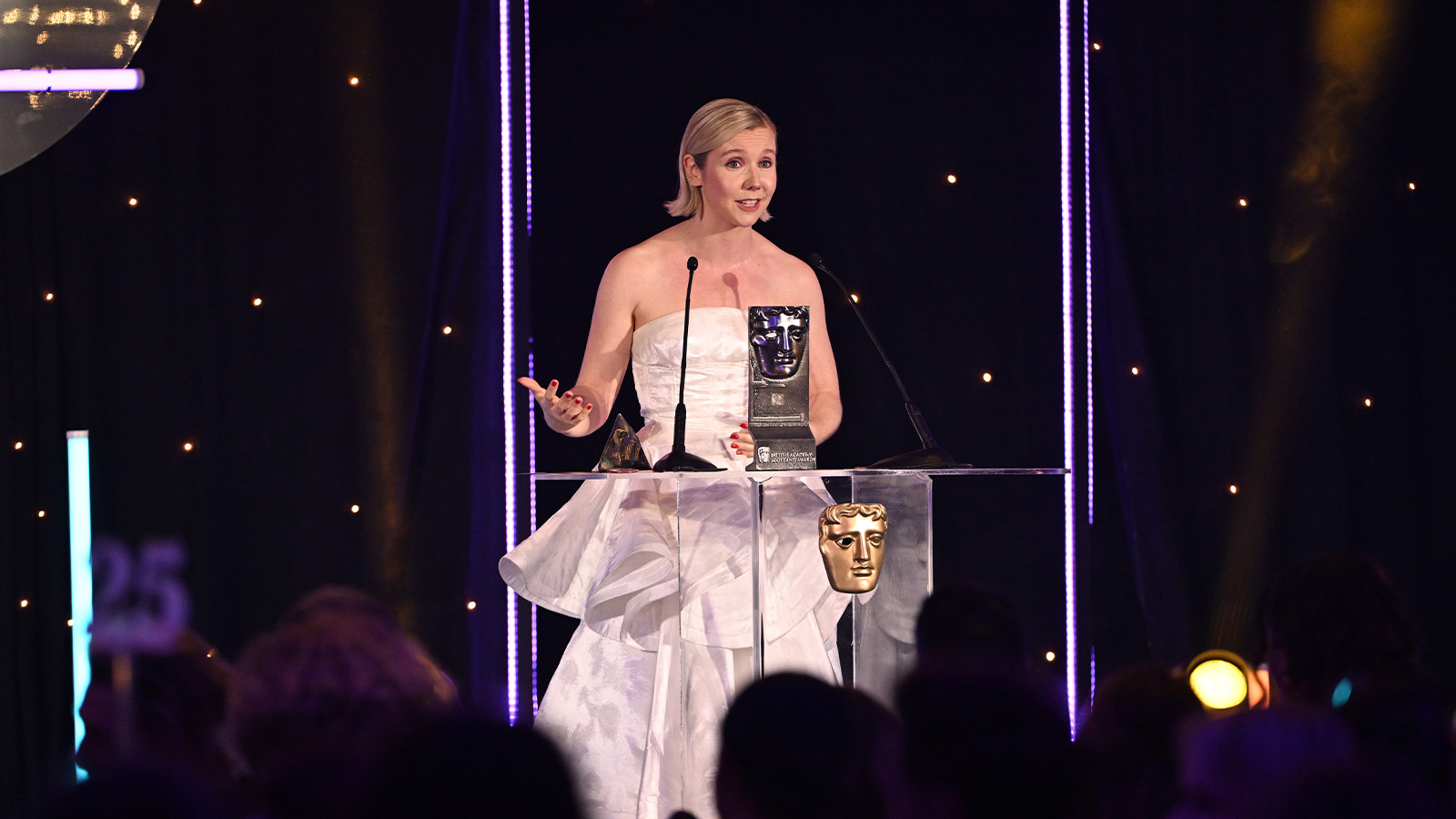 Lauren Lyle accepts the Actress Television Award for 'Karen Pirie' at the 2023 BAFTA Scotland Awards, held at the DoubleTree by Hilton Glasgow Central, on November 19, 2023 in Glasgow, Scotland, U.K (Photo by Jeff Spicer/BAFTA/Getty Images for BAFTA)