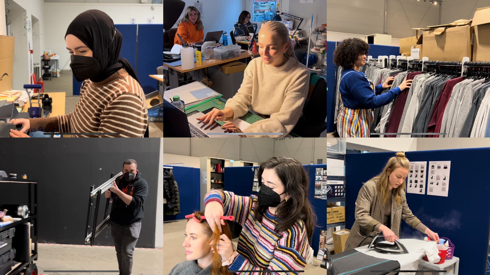 Trainees working on set of screw across different departments. Trainees are printing, working on laptop. ironing, lifting equipment, hair dressing and looking through costumes.