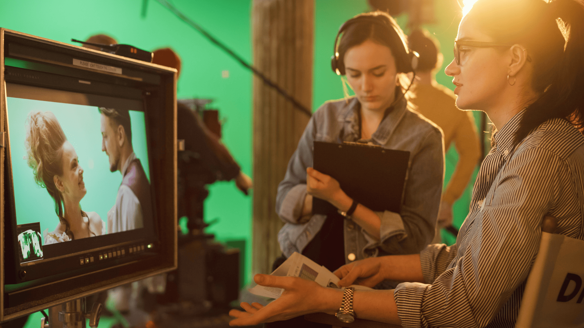 Two filmmakers behind the scenes at a scene being shot in greenscreen