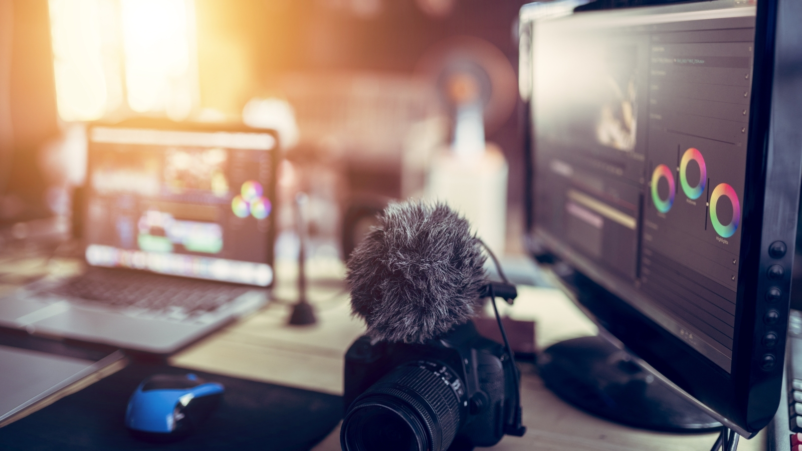 A DSLR film camera with a boom mic on top of it sits on a desk next to a laptop and desktop screen with editing software on it