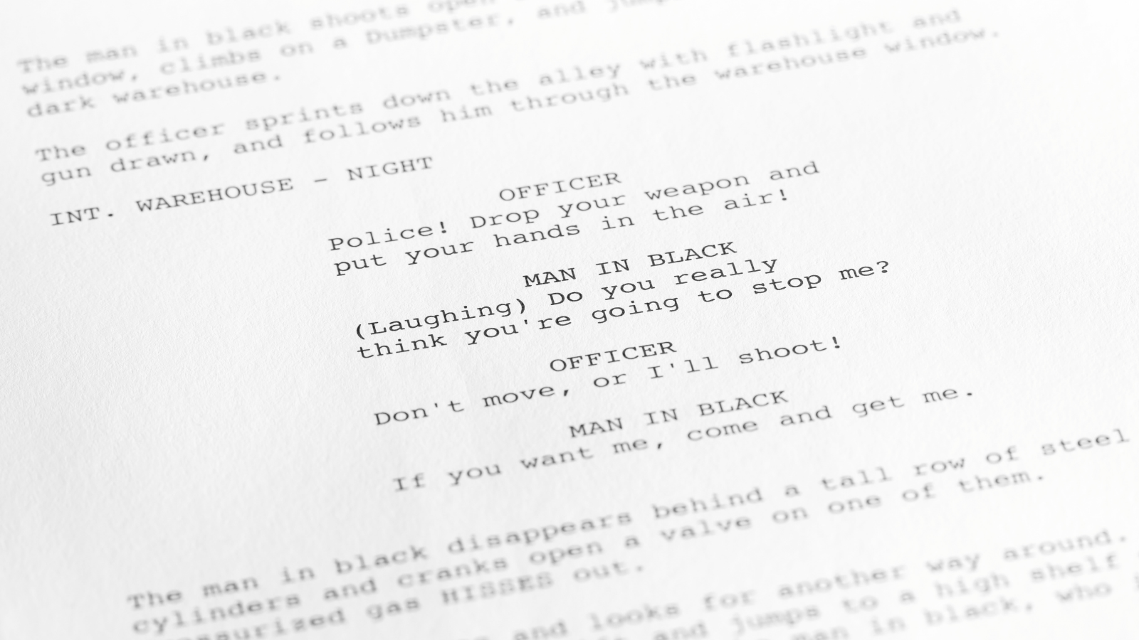 A close up of a segment of script with typewritten words on a page